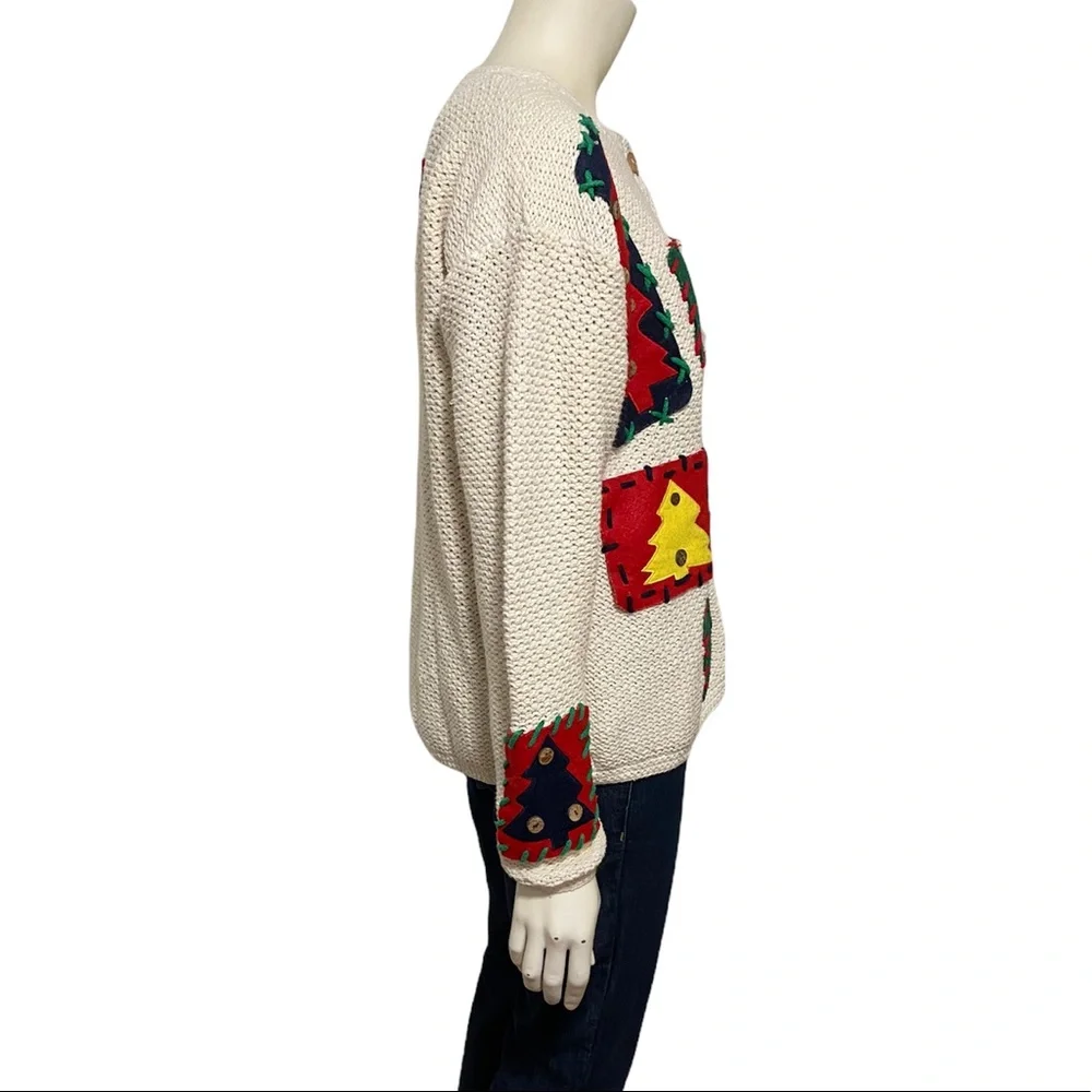 EAGLE'S EYE Vintage Cream Holiday Tree Felt Color Block Cardigan L - Picture 4 of 9